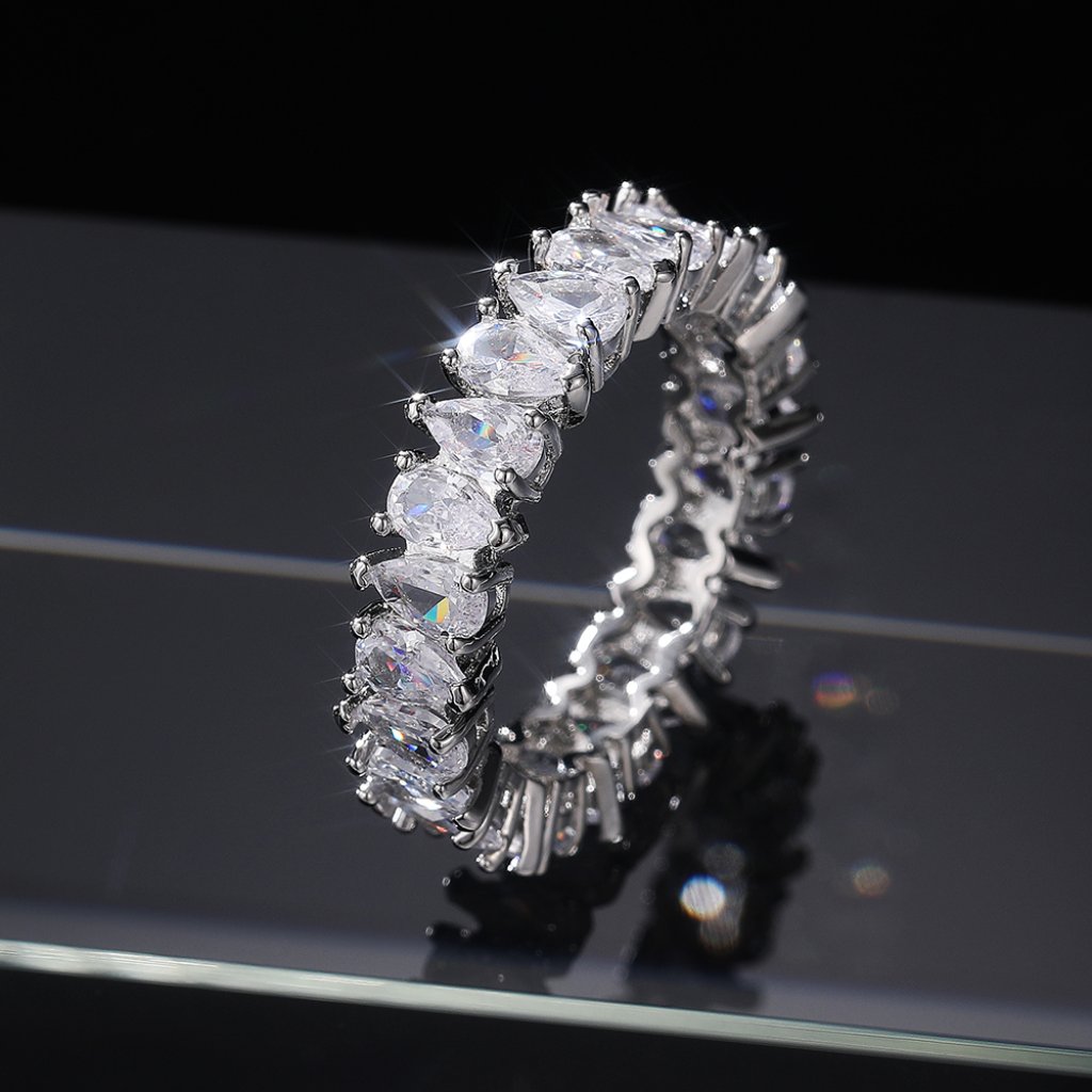 Fashion Bling Dainty Pear Gems Zircon Silver Eternity Ring For Women, Indn8336